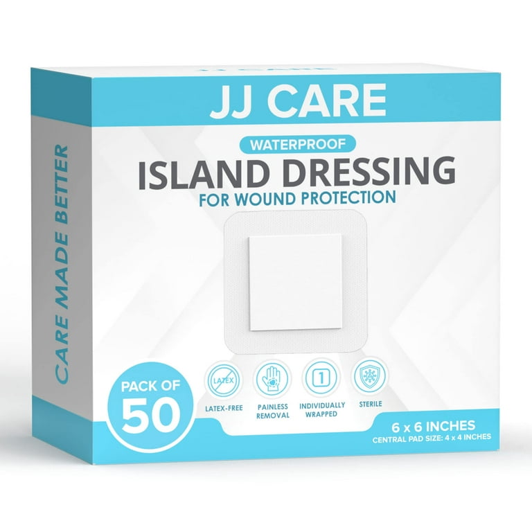 JJ CARE Waterproof Adhesive Island Dressing [Pack of 50], 6” x 6” Sterile  Island Wound Dressing, Breathable Bordered Gauze Dressing, Individually  Wrapped Latex Free Bandages with Non-Stick Central Pad 