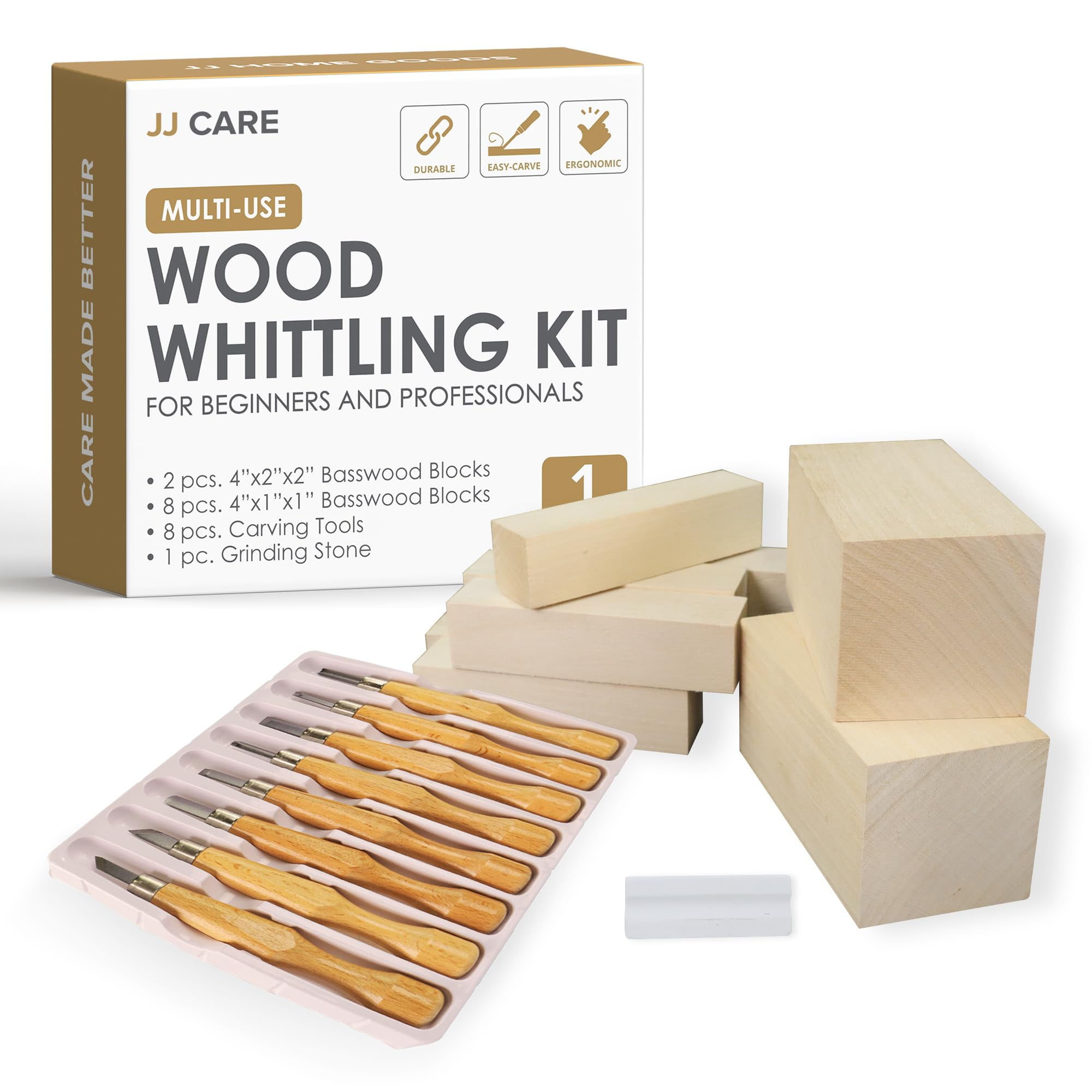 JJ CARE Wood Carving Kit [12 SK2 Wood Carving Knives with Case, 10 Basswood  Carving Blocks, and 1 Grinding Stone] - Beginner Wood Carving Kit, Wood