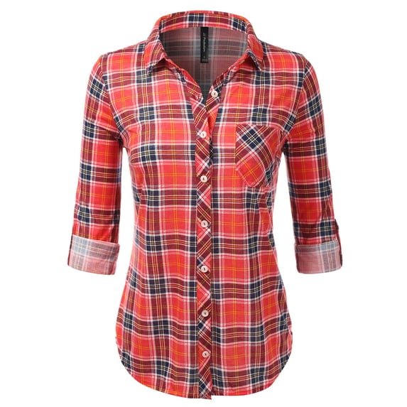 JJ Perfection Womens Long Sleeve Plaid Button Down Shirt (Female Plus Size Available)