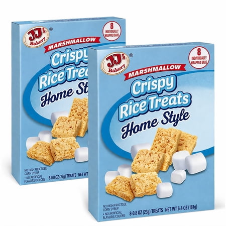 JJ's Bakery Marshmallow Crispy Rice Treats, Home Style Snack Bars, 2 Pack, 8 Individually Wrapped Bars per Box, 6.4 oz Each