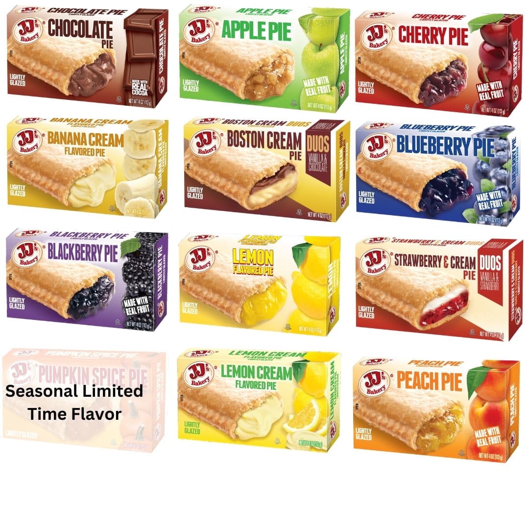 JJ's Bakery Ultimate Variety Pack Snack Pies, Individually Wrapped, Nut-Free, Kosher Parve, 4 oz, Pack of 12