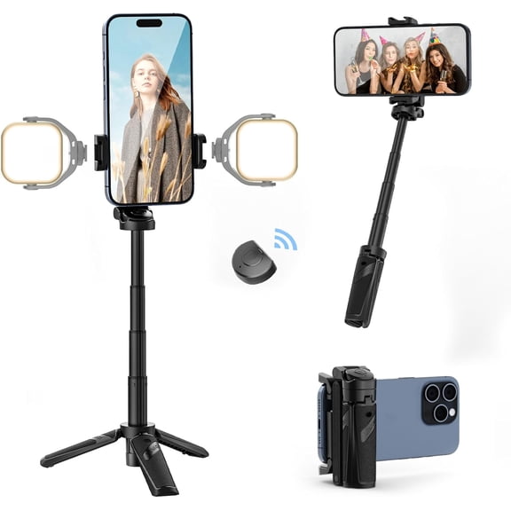 JJ02 Selfie Stick Tripod, Extendable Grip Phone Tripod with Detachable Remote Pocket Size, 3-in-1 Mini Phone Grip 2 Cold Shoe, 10m/393.7'' Wireless Shutter, Vlog Livestreaming Photography