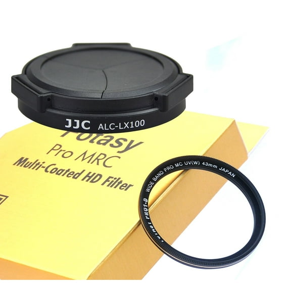 JJC Black ACLX100 Auto SELF-RETAINING Lens Cap for Panasonic LX100 LX100II LEICA D-LUX, LX100 LX100II Auto Lens Cap, W/ 43mm MRC Nano MC UV Filter