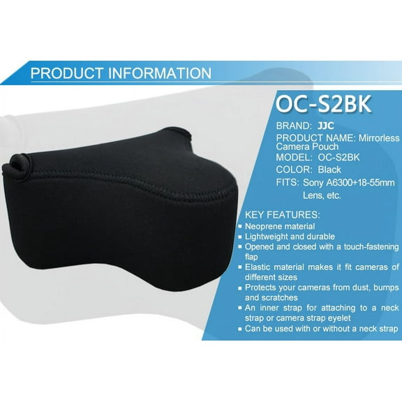 JJC S2BK Black Ultra Light Neoprene Camera Case for Sony a6600 a6500 a6400 a6300 a6100 a6000 a5100 +18-55mm/E 50mm F1.8 Lens, Pouch Bag for Fuji X-T30 X-T20 X-T10 +16-50mm, Canon PowerShot SX530 SX540