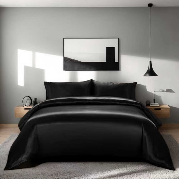 JJCOITR Black Silky Queen Bedding Set Luxurious Satin Comforter Sets with 2 Satin Pillowcases Soft Lightweight for All Seasons 3 Pieces