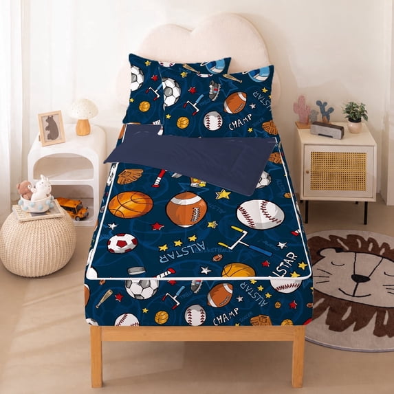 JJCOITR Sport Basketball Printed Zipper Bedding Sets Twin Lightweight Microfiber Football Comforter Sets with Fitted Sheet Pillow Covers,Blue