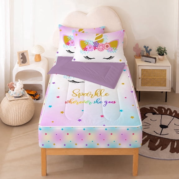 JJCOITR Unicorn Printed Zipper Bedding Sets Twin for Kids Girls Lightweight Microfiber Floral Rainbow Comforter Set with Fitted Sheet Pillow Covers,Blue Purple