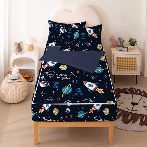 JJCOITR Zipper Bedding Twin Space Moon Universe Zip Up Bedding Set for Boys and Kids, Rockets Planets Stars 3 Pcs Comforter Bed in a Bag with Fitted Sheet and 2 Pillowcases