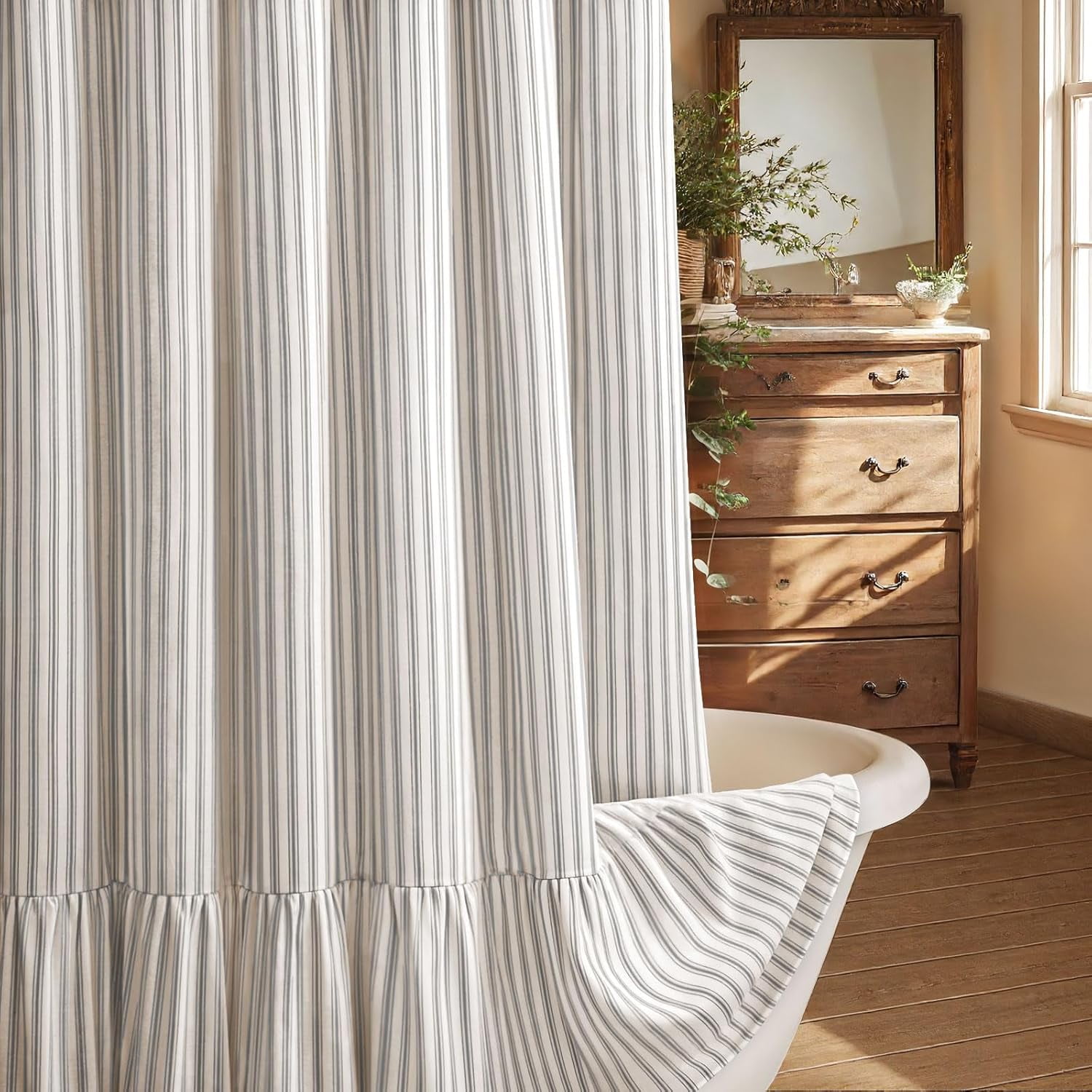 Gray | Shower Curtain with Ruffle Hem Linen Shower Curtains | Cream-Grey Stripe 72" W x 72" L - Walmart.com