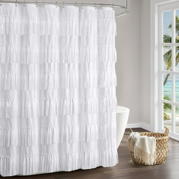 JJCOITR Vintage Hawaiian White Shower Curtain with Tassels, Boho Shower Curtains for Bathroom Decor, 72x72