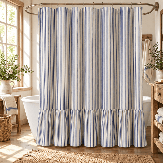 Blue Striped Farmhouse Shower Curtain with Ruffle Hem, 72 x 72 Inch Linen Textured Rustic Shower Curtain for Bathroom, Vintage Country Cottage Style, Blue and Cream
