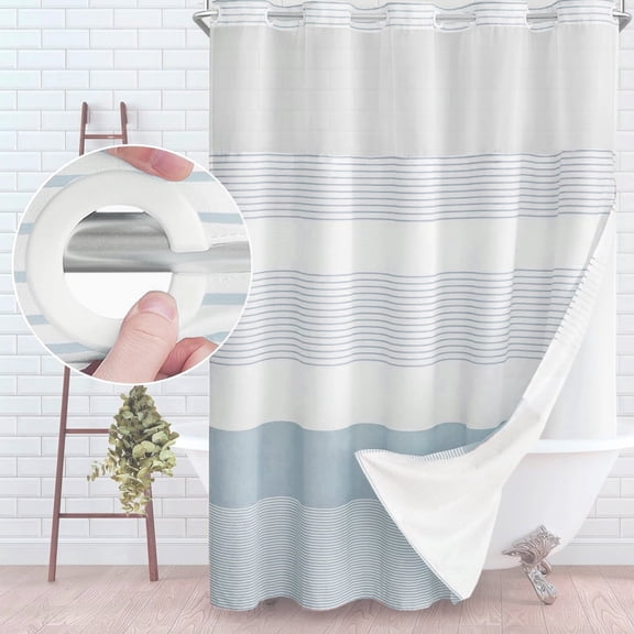 No Hook Shower Curtain with Snap in Liner Set Cotton and Linen Blend Shower Curtain for Bathroom Boho Farmhouse Blue Striped 75" L x 72" W