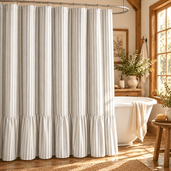 Gray Striped Farmhouse Shower Curtain with Ruffle Hem, 72 x 72 Inch Linen Textured Rustic Shower Curtain for Bathroom, Vintage Country Cottage Style, Gray and Cream