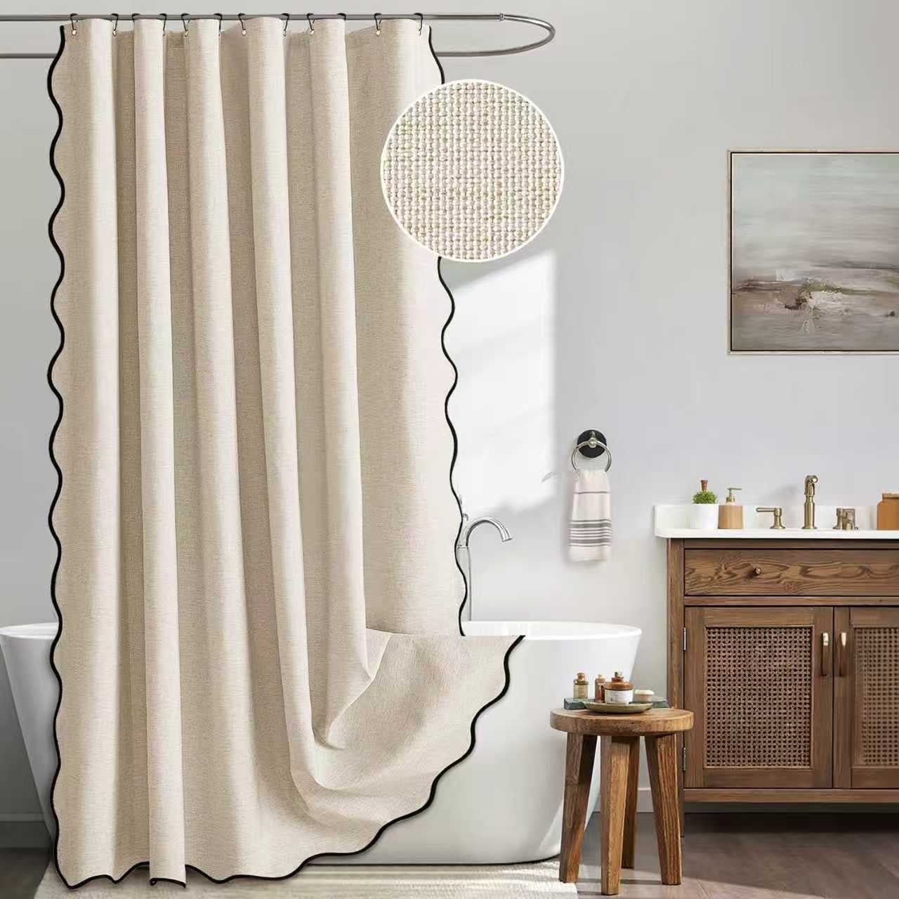 Beige Scalloped Shower Curtain Linen Textured Cute Heavy Duty Washable Waterproof Neutral Thick Cloth Shower Curtains with Black Border for Bathroom Bathtub,W72*L72 Cream