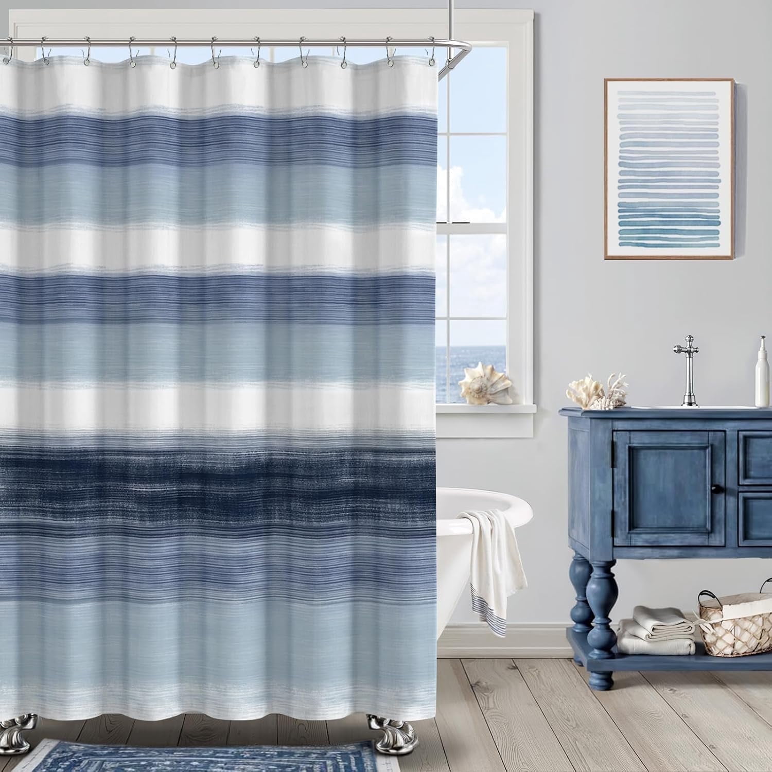 Blue Shower Curtains for Bathroom Navy Blue and White Rustic Cotton Farmhouse Ocean Shower Curtain, 72 x 72 Inches