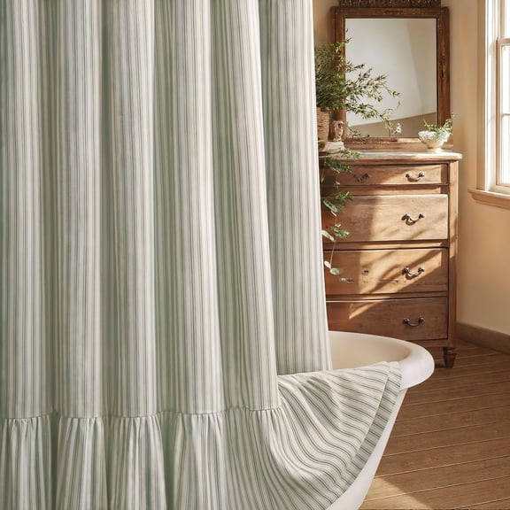 Shower Curtain with Ruffle Hem Linen Shower Curtains for Bathroom Country Vintage Rustic Natural Fabric, Green Stripe 72" W x 72" L