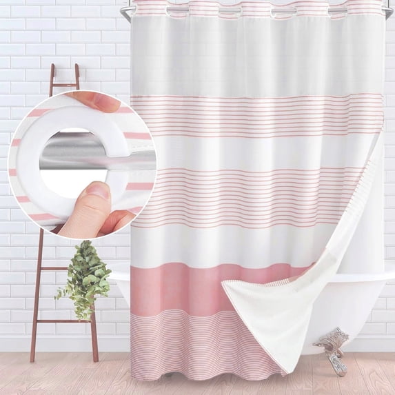 No Hook Shower Curtain with Snap in Liner Set Cotton and Linen Blend Shower Curtain for Bathroom Boho Farmhouse Pink Striped 75" L x 72" W