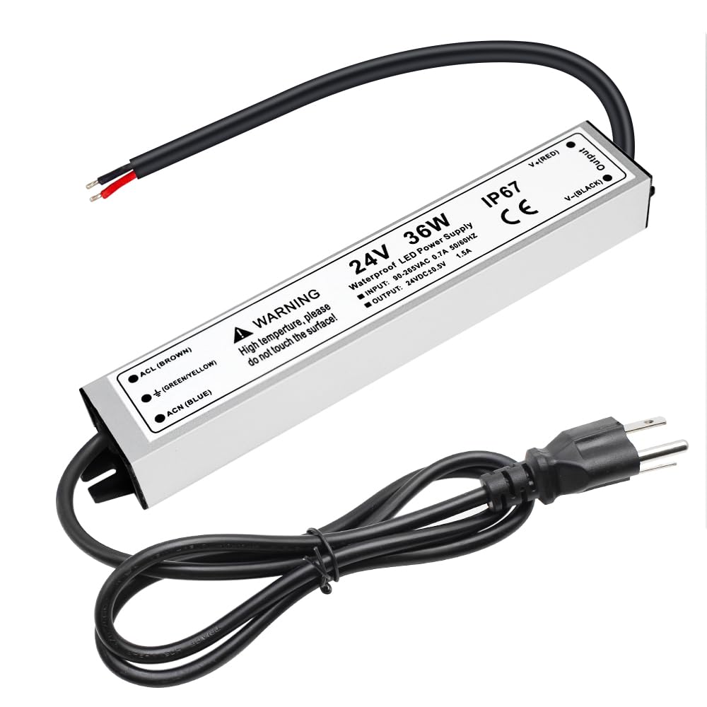 JJEAN-1.5A 36W 24 Volt LED Power Supply, 110V AC to 24V DC Converter, Waterproof IP67 Driver Low Voltage Transformer Power Adapter for Indoor Outdoor LED Lights