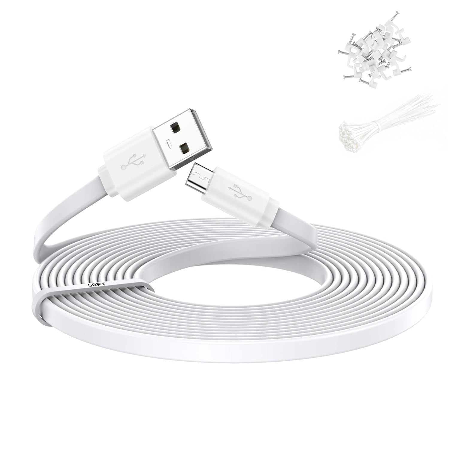 JJEAN-1 Pack 50FT Power Extension Cable,Flat Extension USB to Micro USB Charging Cord,Compatible with Wyze Cam v4/v3/OG/v3 Pro,Blink,Nest Cam Indoor,Fire Kindle(Not for Wyze Cam Pan v3,Not Type-C)