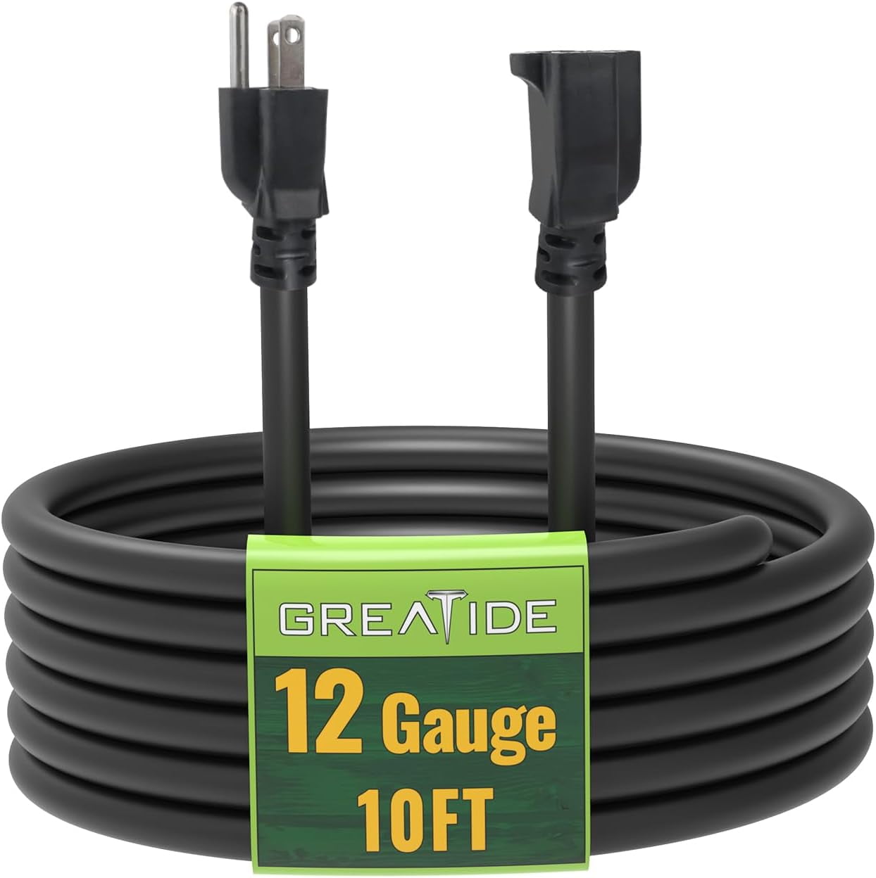 JJEAN-10 Ft Outdoor Extension Cord - 12/3 SJTW Heavy Duty Black Extension Cable with 3 Prong Grounded Plug - Power Cord for Lawn, Garden, Appliances