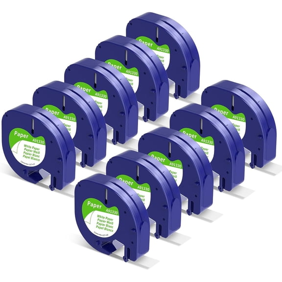 JJEAN-10-Pack 91330 Label Compatible with DYMO LetraTag Label Maker Refills 91330 White Paper Tape Refills 12mm x 4m (1/2" x 13') for Labeler Letra Tag 200B LT 100H 100T Plus
