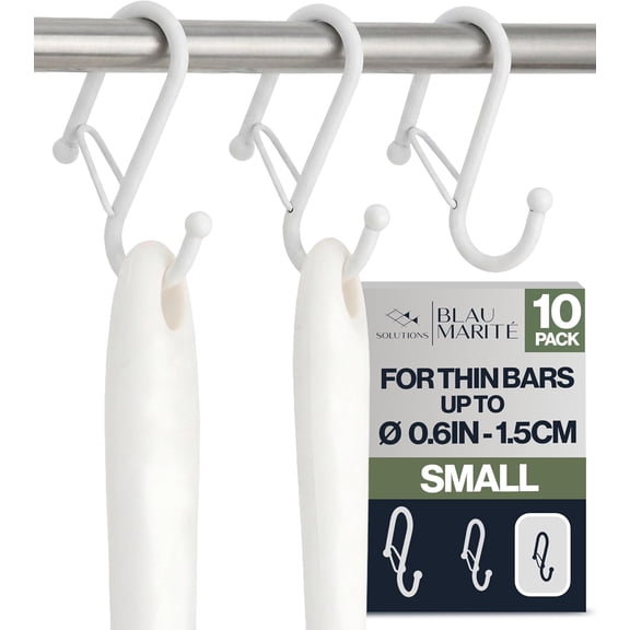 JJEAN-10-Pack Metal S Hooks for Hanging Heavy-Duty S-Shaped Hooks with Safety Buckle Fits Bars up to 0.6 in Anti-Drop Hooks for Kitchen, Pot Racks & Towel Bars White (Smal