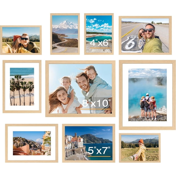 JJEAN-10 Pack Natural Picture Frames Collage Wall Decor for Mounting or Tabletop Display, Gallery Wall Frame Set with Two 8x10 Natural Frames, Four 5x7 and Four 4x6 Frames, Multi-Pack Photo Frame Set