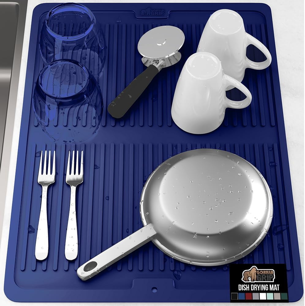 JJEAN-100% BPA-Free Patented Silicone Dish Drying Mat for Kitchen Counter, 18x24 Inch, Water Catching Ribbed Design, Easy Clean Waterproof Sink Liner, Heat Resistant, Fits Under Rack, Blue