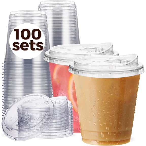 JJEAN-100 Pack 12 oz Clear Plastic Cups with Strawless-Sip-Lids, Disposable Cups Plastic Iced Coffee Cups, To Go Cups with Sip Through Lids for Smoothie, Milkshake, Cold Drinks for Party, Wedding, Ev