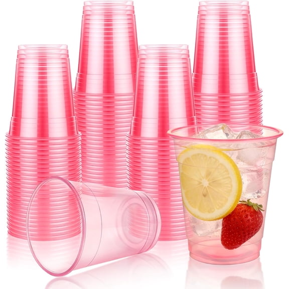 JJEAN-100 Pack 16 oz Pink Plastic Cups, Disposable Clear Party Cups for Garden Tea, Pool Gatherings, Birthdays, Weddings, Spring Fling and Picnics
