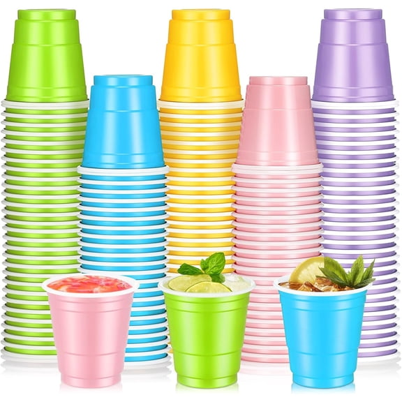 JJEAN-100 Pack 2 oz Plastic Shot Cups, Mini Disposable Shot Glasses 2 oz Party Cups for Easter Wedding Party, Beer Taste Serving, Snacks(Light Color Multicolor)