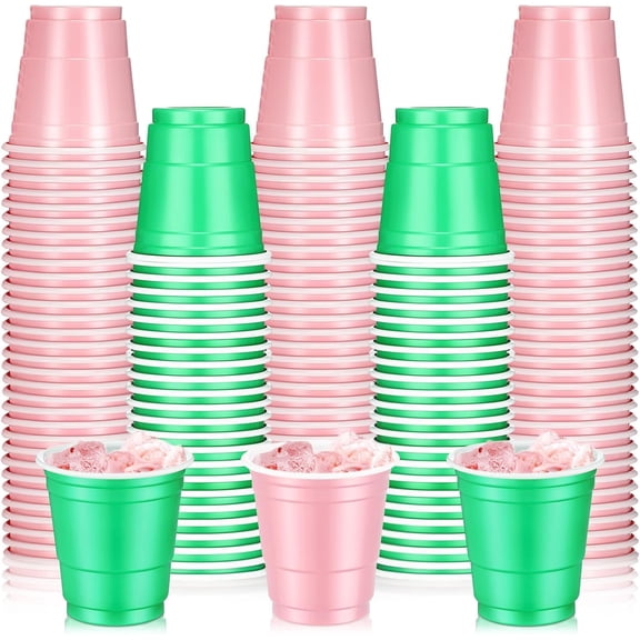JJEAN-100 Pack 2 oz Plastic Shot Cups, Mini Disposable Shot Glasses 2 oz Party Cups for Easter Wedding Party, Beer Taste Serving, Snacks(Pink and Green)