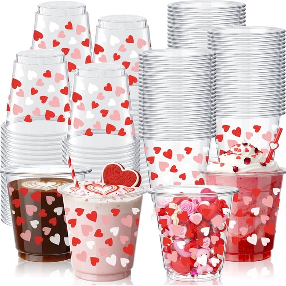 JJEAN-100 Pack 3 oz Pink Red Heart Plastic Shot Glasses Disposable Heart Party Shot Cups Bulk Clear Mini Tasting Cups for Spring Summer Mother's Day Wedding Whiskey Party Favors Drinking Supplies
