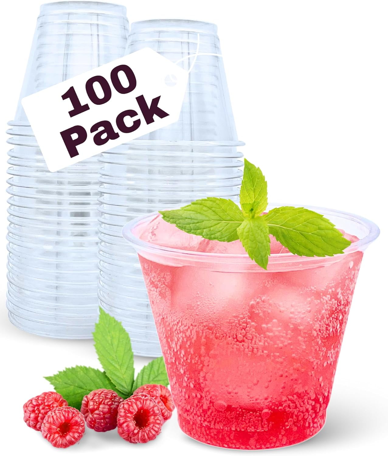 JJEAN-100 Pack 9 oz Clear Plastic Cups, 9oz Clear Disposable Cups Wine Glasses, Recyclable Small Punch Cups for Cocktail, Juice, Water, Plastic Wine Cup for Parties, Events, Sampling & Everyday Use