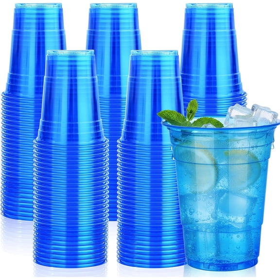 JJEAN-100 Pack Blue Plastic Party Cups, 16 oz Disposable Wine Glasses Bulk, Blue Clear Drinking Cup for Cocktail, Cute Disposable Cups for Birthday Wedding Valentines Bachelorette Party Holiday