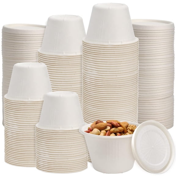 JJEAN-100 Pack Disposable Cups with Lids, 4.5Oz Bagasse Compostable Ice Cream Cup, Small Condiment Portion Sample Container for Sauce Salad Dressing or Souffle