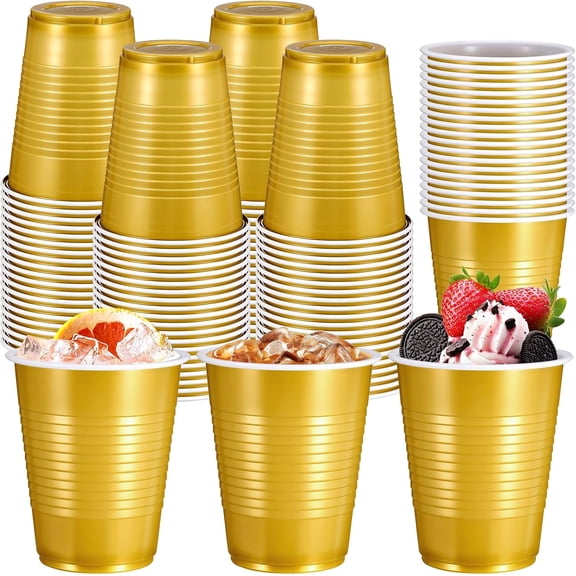 JJEAN-100 Pack Gold Graduation Cups 18oz Plastic Cups Disposable Drinking Cups for Wedding Graduation Party Beer Taste Serving Sample Tastings Barbecues