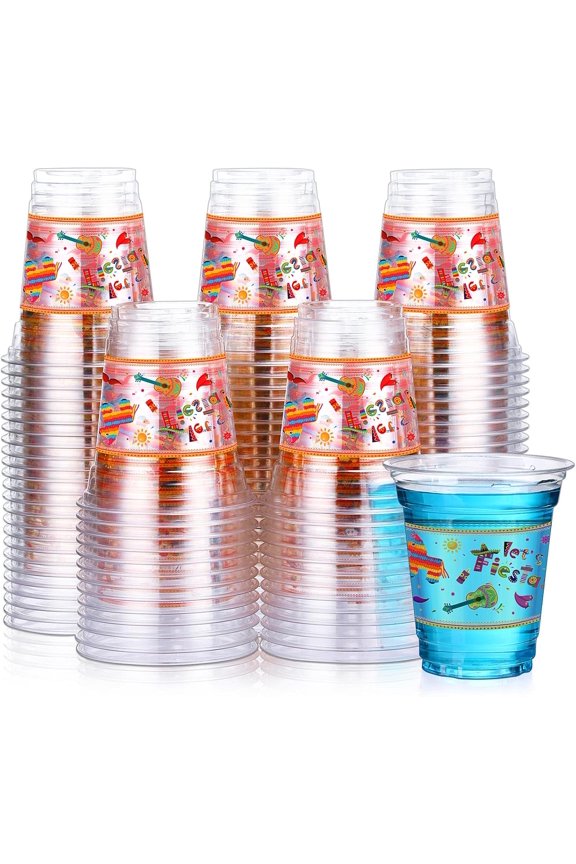 -100 Pcs 12 oz Let's Fiesta Cups Plastic Mexican Cups Cinco De Mayo Party Decorations Clear Disposable Mug for Fiesta Taco Birthday Party Drinkware Supplies Decorations(Classic Style)