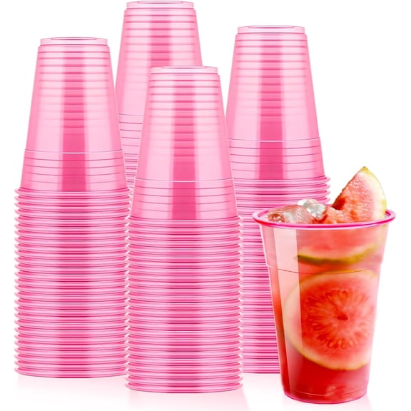 JJEAN-100 Pcs 16 oz Disposable Pink Plastic Cups,Neon Glowing Plastic Party Cups,Bulk Pink Clear Wine Glasses for Valentines Birthday Wedding Bachelorette Party