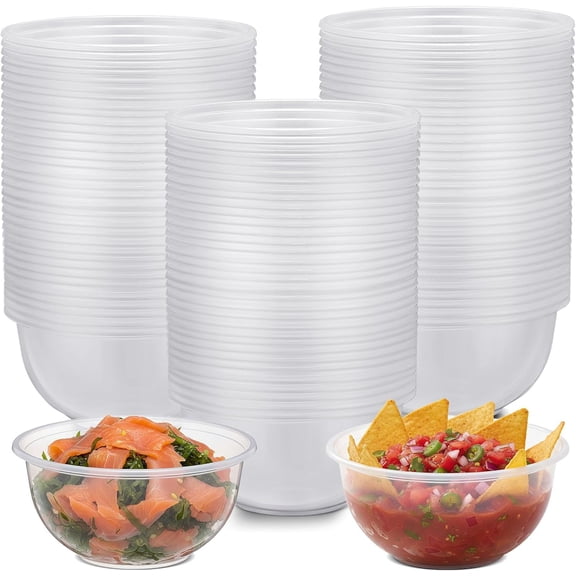 JJEAN-100 Pcs 6 oz Disposable Clear Plastic Bowls Microwave and Freezer Safe Small Plastic Dessert Bowls Salad Cups for Serving Sauces Condiments Desserts Fruits Appetizers Party Supplies