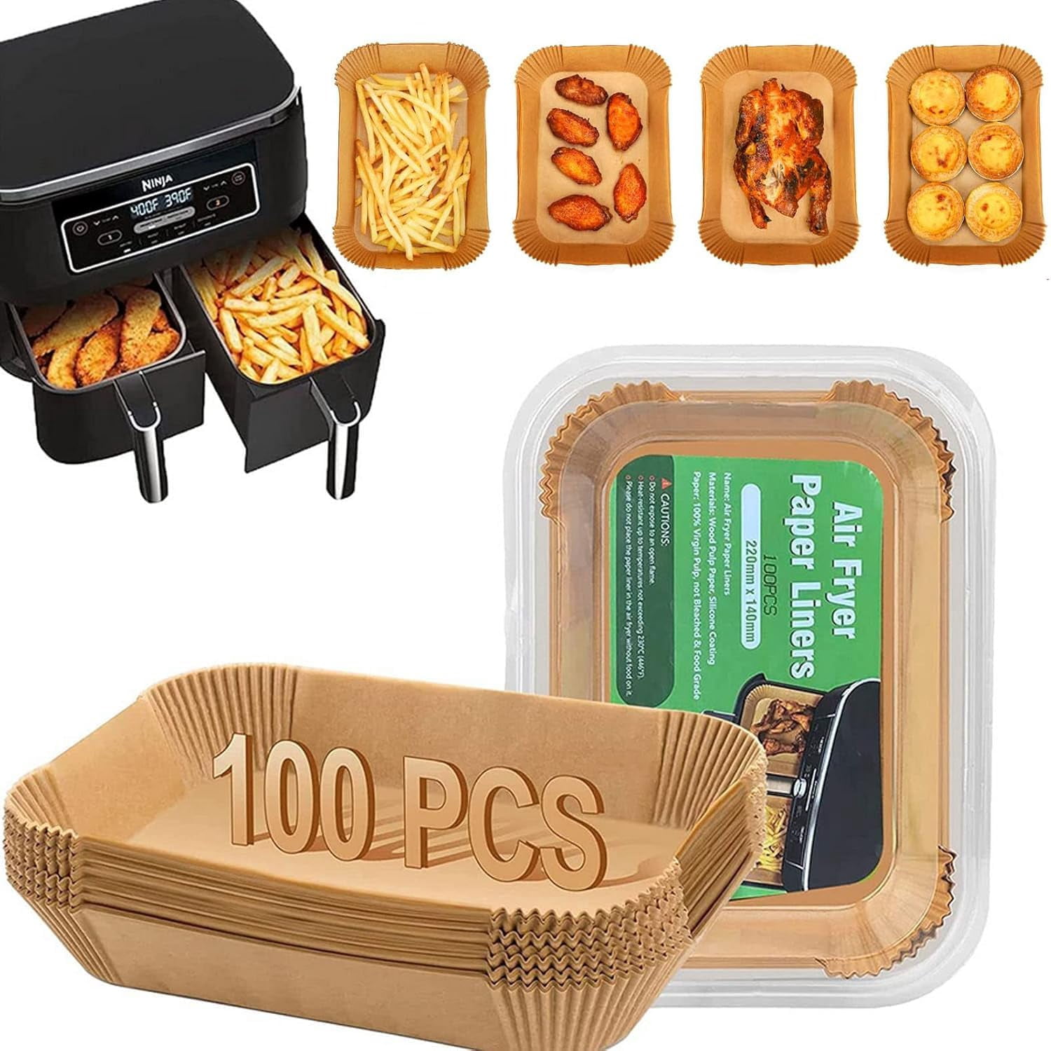 JJEAN-100 Pcs Air Fryer Parchment Paper Liners, 8.6x5.5 Inch Pre-Cut Disposable Sheets for Dual Basket Models DZ201/DZ401/DZ071 - Non-Stick, Unbleached, Safe for Frying, Baking, Roasting