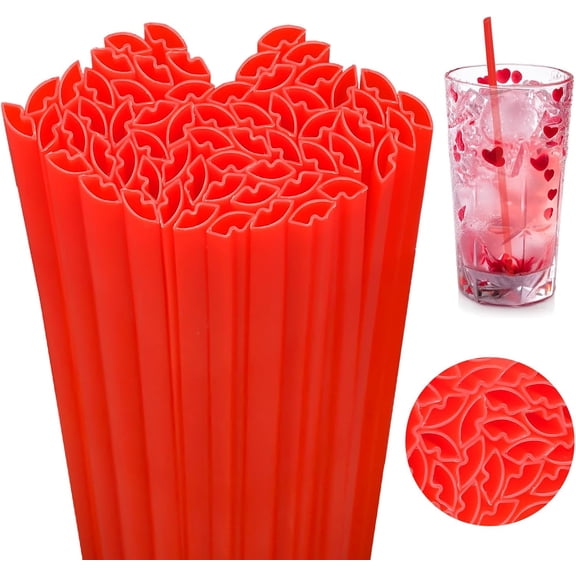 JJEAN-100 Pcs Wedding Party Plastic Lips Shaped Straws Disposable Small Mouth Drinking Straw Bulk for Galentine's Day Cocktail Bridal Shower Party Supplies (Red)