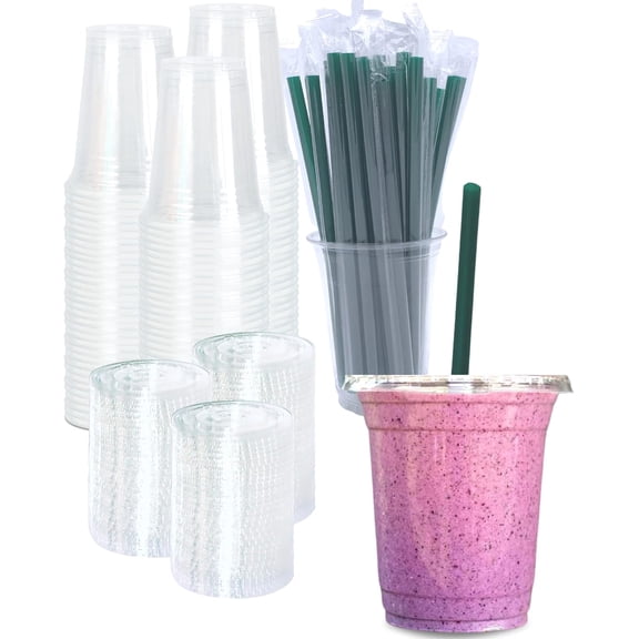 JJEAN-[100 SETS] 12 oz Clear Plastic Cups with Lids and STRAWS, Disposable Iced Coffee cups with lids, Clear Cups with Lids for Cold Drinks, Iced Tea, Milkshakes, Smoothies