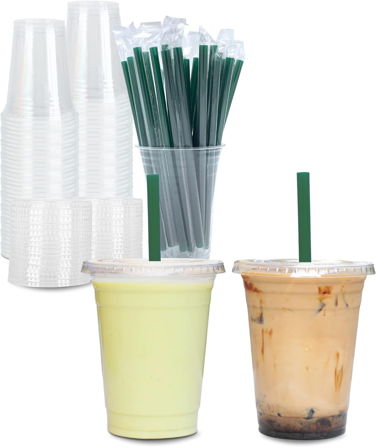 JJEAN-[100 Sets] 12 oz Clear Plastic Cups with Lids and STRAWS, Disposable Party Cups for To Go Iced Coffee Cold Drinks, Smoothie, Juice, Parfait, Frappuccino, Milkshake. No Leaking Fruit Cup