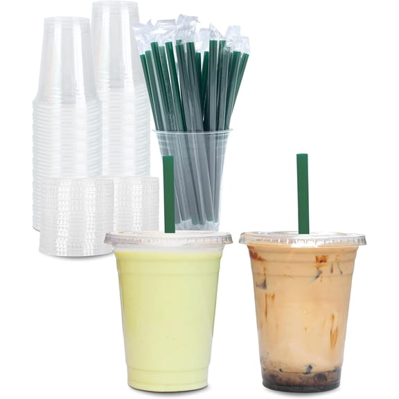 JJEAN-[100 Sets] 12 oz Clear Plastic Cups with Lids and STRAWS, Disposable Party Cups for To Go Iced Coffee Cold Drinks, Smoothie, Juice, Parfait, Frappuccino, Milkshake. No Leaking Fruit Cup
