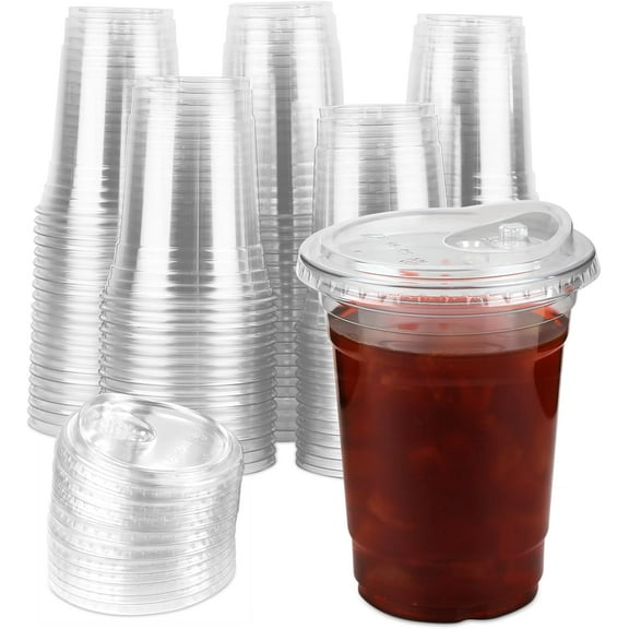 JJEAN-100 Sets 16 Oz Plastic Cups with Lids, Iced Coffee Cups with Lids, Strawless Sip-Lids Design, No Need for Straws, Durable PET Go On Plastic Cups