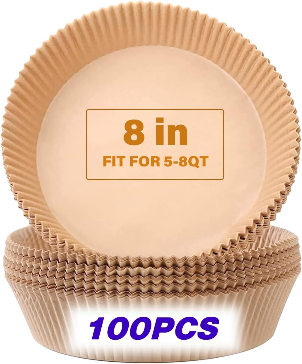 JJEAN-100Pcs Airfryer Paper Liners, Round Parchment Paper, Kitchen Cooking Non-Stick air fryer accessories, Frying Pan, Oil-proof Air Fryers for 5-8 QT Air Fryer Baking Roasting Microwave(8")