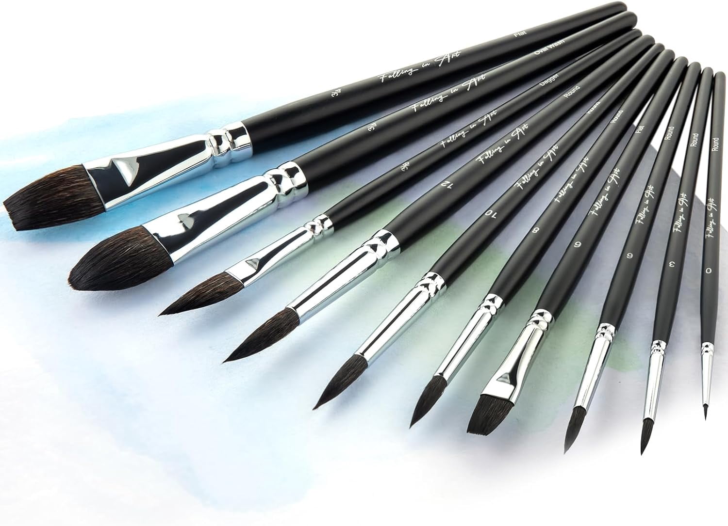 JJEAN-10Pcs Soft Squirrel Hair Paint Brushes - Professional Watercolor Brush Set with Short Handles - Round, Flat, Dagger, Oval Wash for Watercolor and Gouache Painting