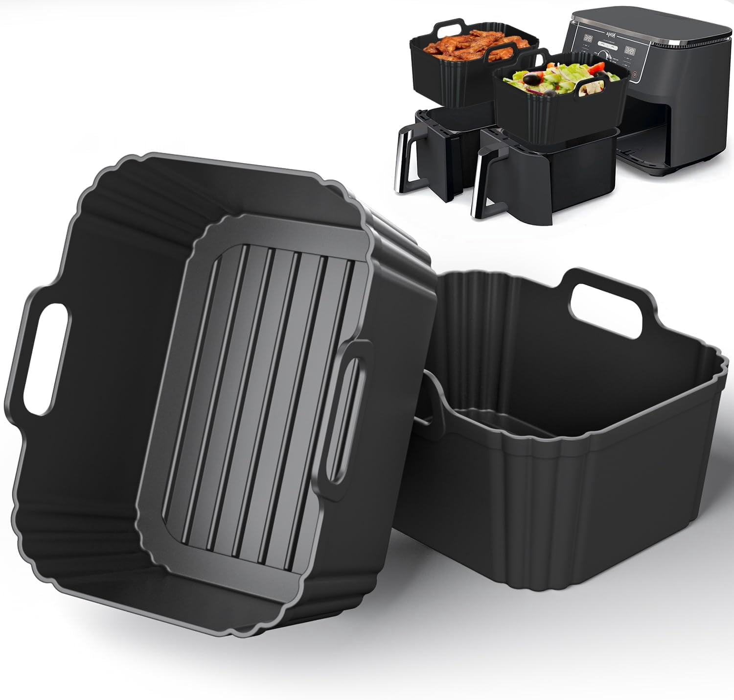 JJEAN-10QT Large Thickened Silicone Air Fryer Liners 2 Pack for Ninja Foodi Dual Zone DZ550 DZ401 DZ550GY DZ302, Reusable 2-Basket Trays, 6-in-1 DualZone Airfyer Accessories