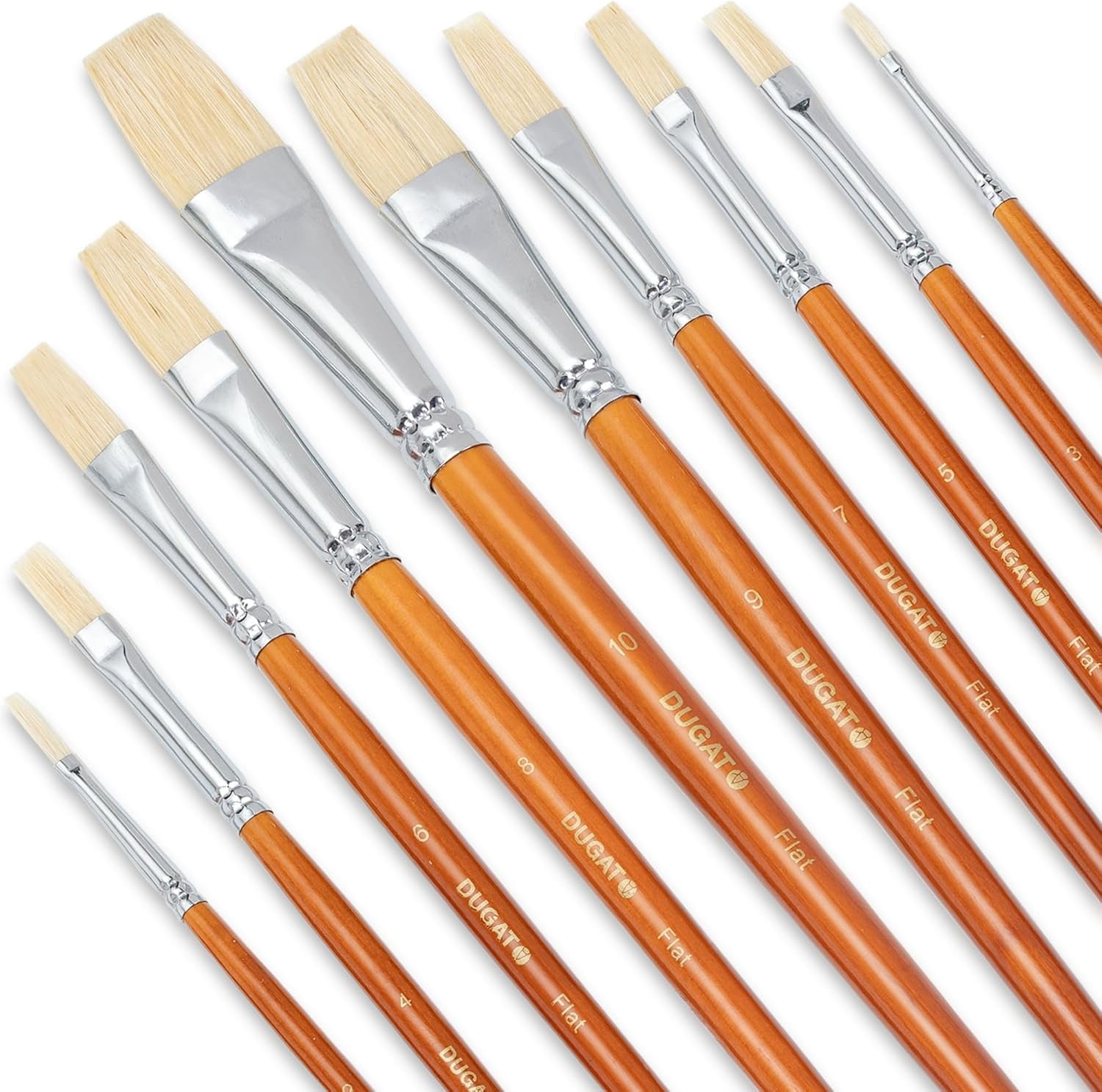 JJEAN-10pc Flat Hog Bristle Paint Brush Set - Short Handle Artist Brushes for Acrylic, Oil, Gouache, Watercolor - Canvas, Fabric & Craft Painting